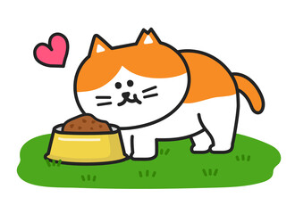 Happy cat having delicious food in the garden. Vector illustration isolated on white background.