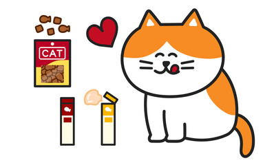 The orange tabby cat is pleased to get delicious treats, vector illustration.