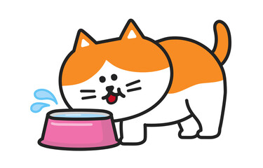 A cat is drinking water from a bowl happily. Vector illustration isolated on a white background.