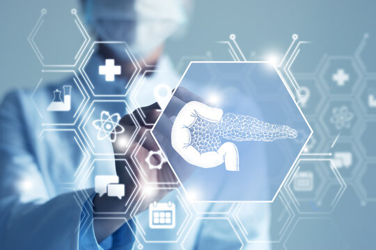 Unrecognizable female doctor holding graphic virtual visualization model of Pancreas organ in hands. Multiple virtual medical icons.