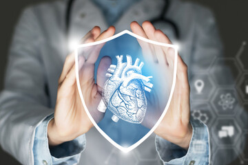 Unrecognizable female doctor holding shield and graphic virtual visualization of  Heart organ in...