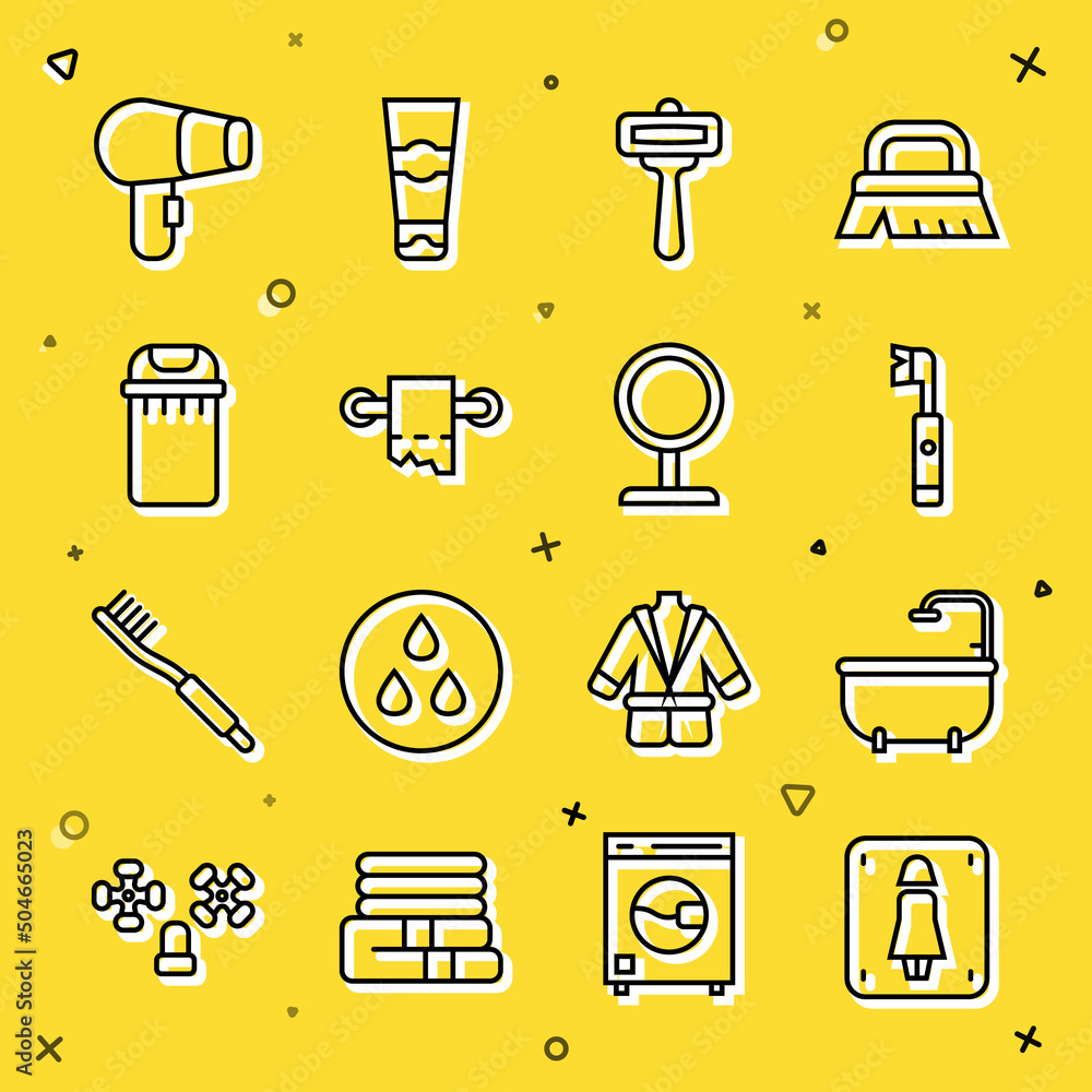 Sticker Set line Female toilet, Bathtub, Electric toothbrush, Shaving razor, Toilet paper roll, Trash can, Hair dryer and Round makeup mirror icon. Vector