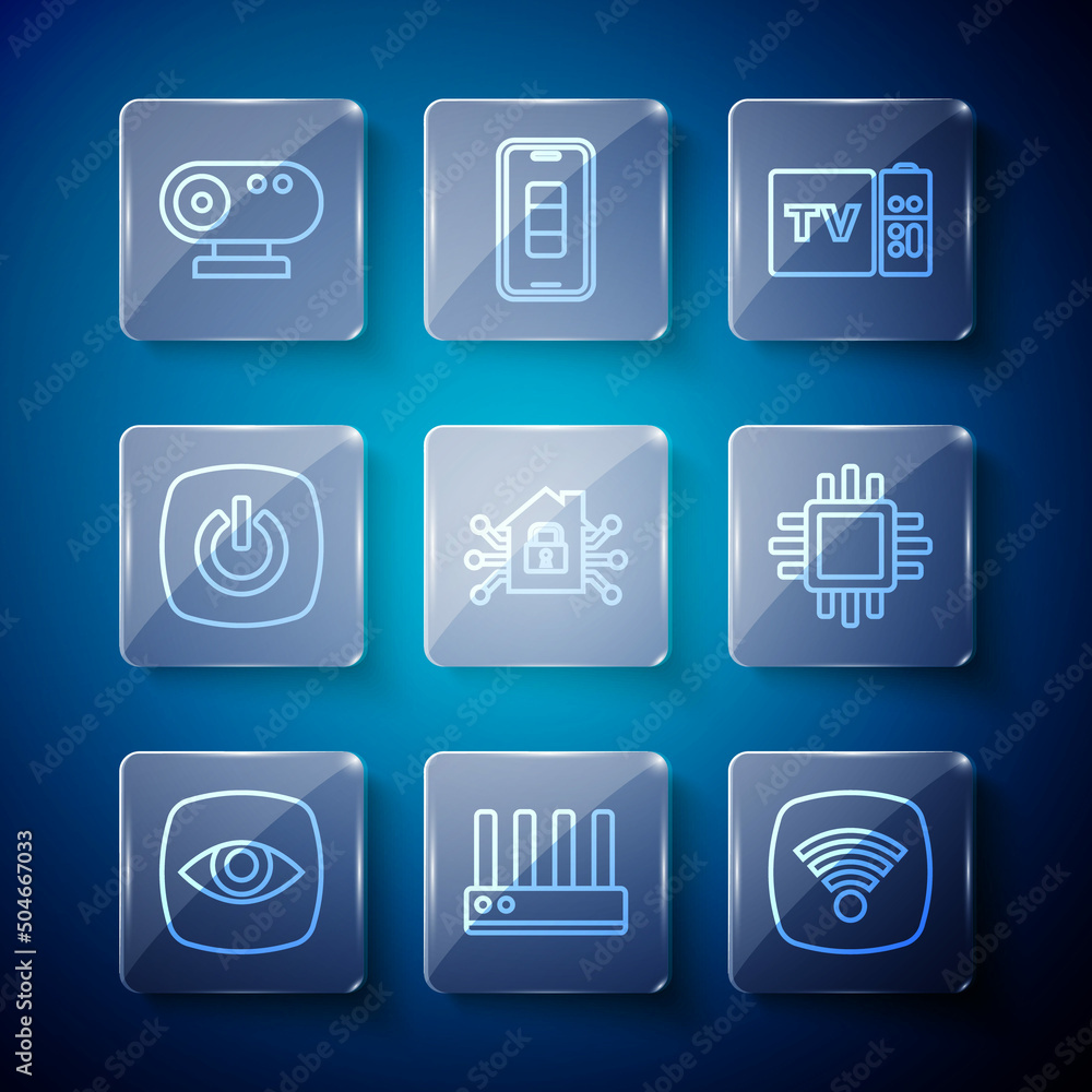 Poster set line security camera, router and wi-fi signal, wi-fi wireless internet network, multimedia tv bo