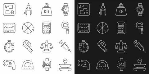 Set line Scales, Syringe, Micrometer, Weight, Circle of pieces, Measuring instrument, Route location and Calculator icon. Vector