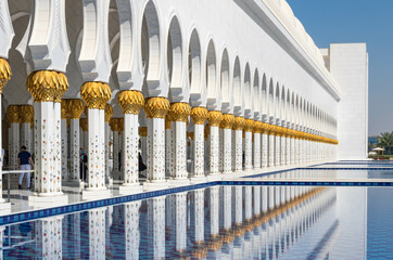 The exterior of  Sheikh Zayed Grand Mosque with its columns, side view