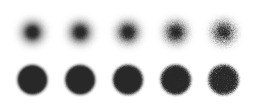 Different Variations Of Vector Hand Drawn Dotwork Stipple Circles Abstract Blur Shapes Set Isolated On White Background. Various Degree Black Noise Texture Dotted Round Design Elements Collection