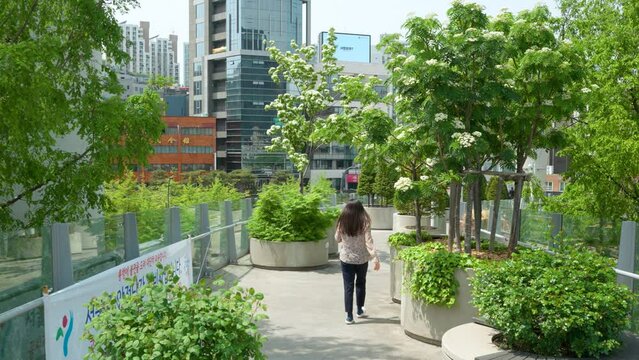 Back view of the woman walking along Seoullo 7017 skygarden park walkway
