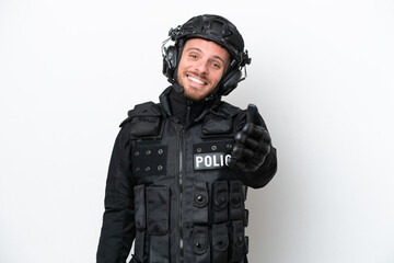Brazilian soldier man isolated on white background shaking hands for closing a good deal