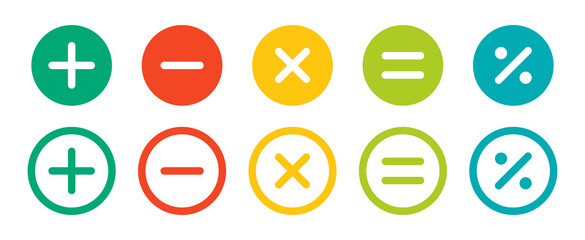 Plus, minus, multiply, equal and divide sign icon set. Math sign vector illustration. - obrazy, fototapety, plakaty