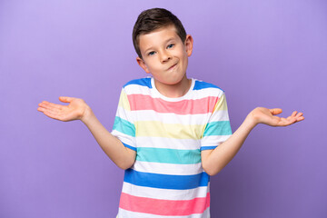 Little boy isolated on purple background having doubts while raising hands