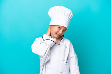 Little chef boy isolated on blue background laughing