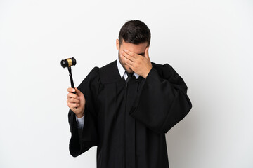 Judge caucasian man isolated on white background with tired and sick expression