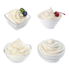 Set with delicious fresh whipped cream on white background