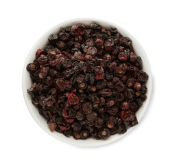 Bowl of tasty dried currants on white background, top view