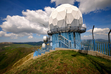 View of the Lesima Peak (Lombardy, Northern Italy), with its aviation balloon-shaped radar; is a...