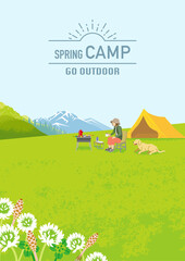 Young woman and her dog enjoying camp in spring nature - Vertical, Included words
