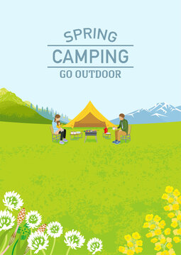 Young family enjoying camp in spring nature - Vertical, Included words