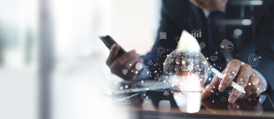 Digital marketing, Business Strategy, E-commerce. Businessman using tablet analysis economy finance...