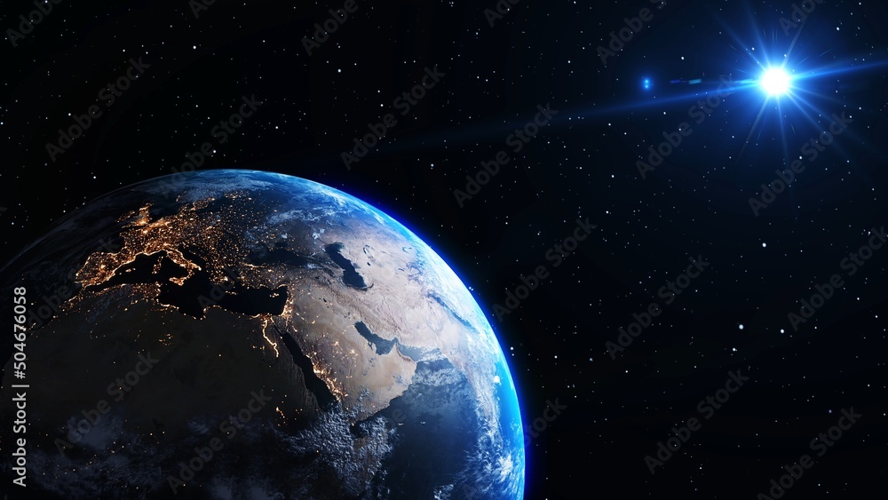 Poster planet earth with realistic geography surface and orbital 3d cloud atmosphere . outer space view of 