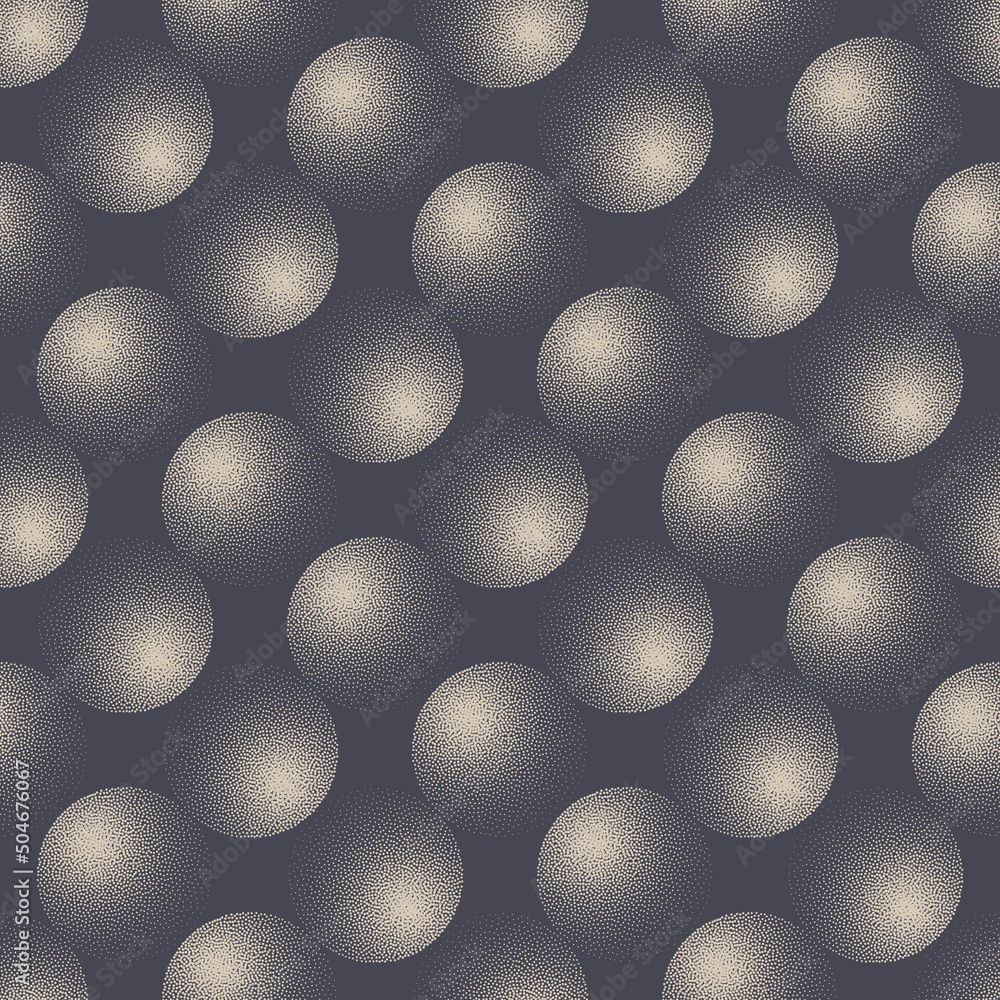 Poster tilt grainy spheres seamless pattern vector monotone gray abstract background. half tone different v