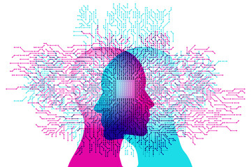 A male and female side silhouette positioned face to face, overlaid with a white single Computer Chip detail and numerous circuit board electronic details.