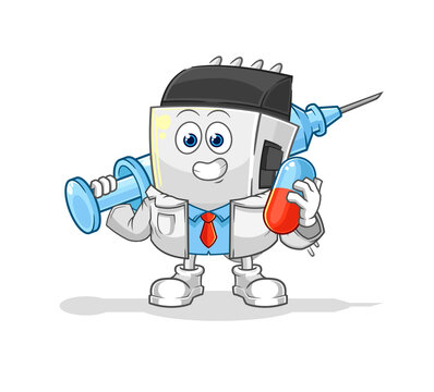 cartoon doctor holding syringe and pill clip art preview