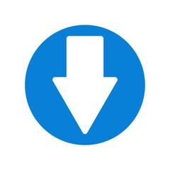 Down direction blue arrow in round industrial sign, navigation label vector