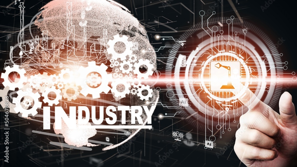 Poster futuristic industry 4.0 and inventive mechanized engineering concept with graphic user interface sho