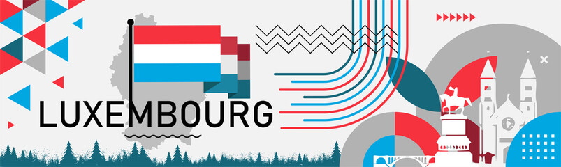 Luxembourg national day banner with Luxembourger map, flag colors theme background and geometric abstract retro modern red white blue design. Luxembourg city landmarks Vector Illustration. - obrazy, fototapety, plakaty