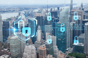 Aerial panoramic city view of Time Square area, Manhattan West Side and the Hudson River, New York city, USA. The concept of cyber security to protect confidential information, padlock hologram