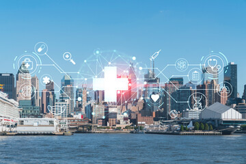 New York City skyline from New Jersey over the Hudson River towards Midtown Manhattan at day time....