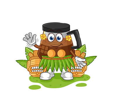 coffee machine hawaiian waving character. cartoon mascot vector
