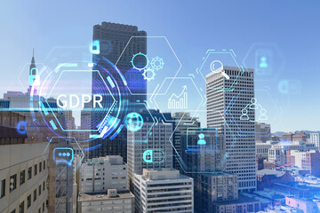 Panoramic cityscape view of San Francisco financial downtown at day time from rooftop, California, United States. GDPR hologram, concept of data protection regulation and privacy for all individuals