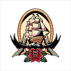 ship and swallows tattoo vector design 