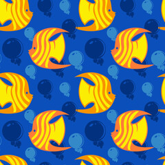 Naklejka premium Yellow fish on blue sea background, seamless pattern, texture for fabric design, wallpaper and tile, vector illustration