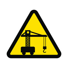 Construction crane, warning yellow triangular sign isolated on white background, vector illustration