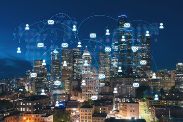 Illuminated aerial cityscape of Seattle, downtown at night time, Washington, USA. Social media hologram. Concept of networking and establishing new people connections
