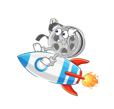 film reel ride a rocket cartoon mascot vector