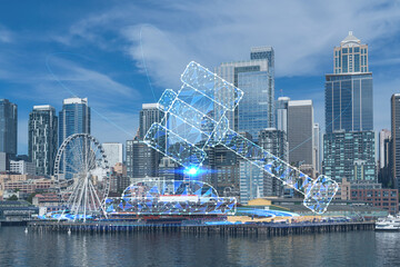 Seattle skyline with waterfront view. Skyscrapers of financial downtown at day time, Washington, USA. Glowing hologram legal icons. The concept of law, order, regulations and digital justice