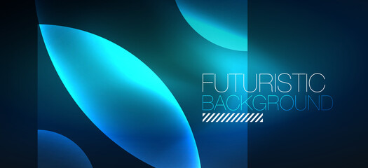 Abstract background with neon glowing light effects. Round shapes, triangles and circles. Wallpaper for concept of AI technology, blockchain, communication, 5G, science, business and technology