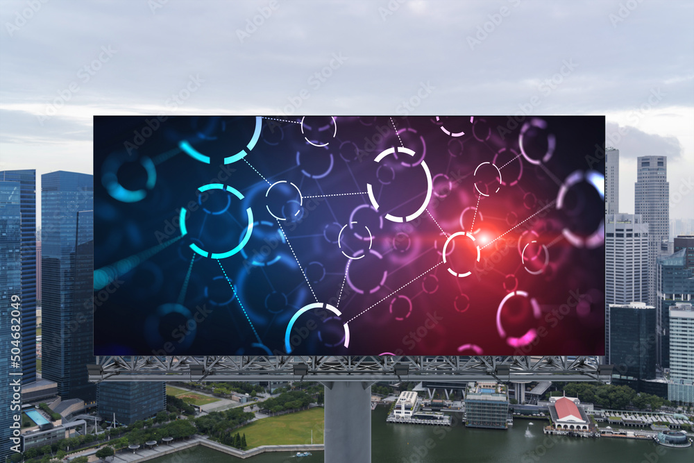 Poster technology hologram on billboard over panorama city view of singapore. the largest tech hub in south