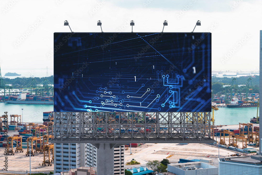 Poster technology hologram on billboard over panorama city view of singapore. the largest tech hub in south