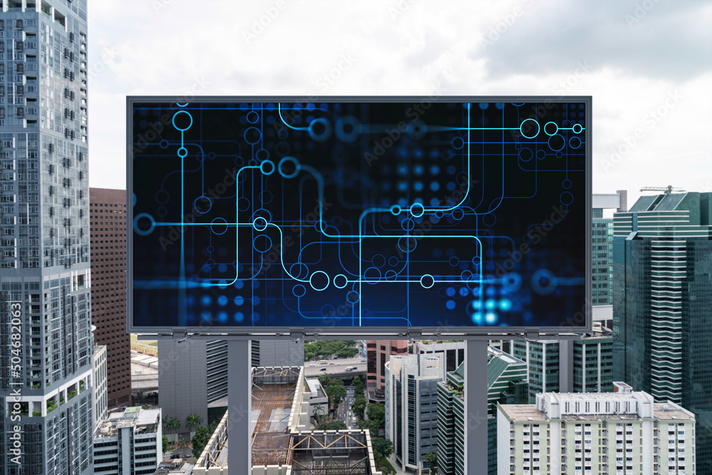 Poster technology hologram on billboard over panorama city view of singapore. the largest tech hub in south