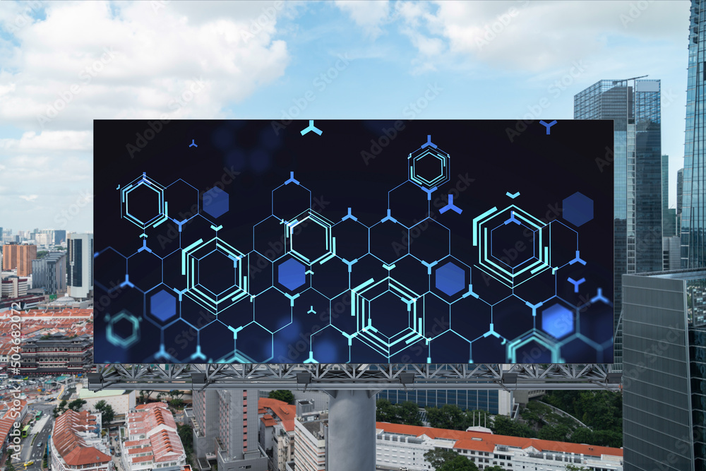 Poster technology hologram on billboard over panorama city view of singapore. the largest tech hub in south