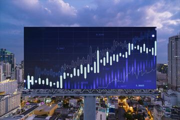 FOREX graph hologram on billboard, aerial night panoramic cityscape of Bangkok. The developed location for stock market researchers in Southeast Asia. The concept of fundamental analysis