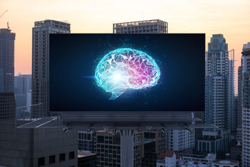 Brain hologram on billboard with Bangkok cityscape background at sunset. Street advertising poster....