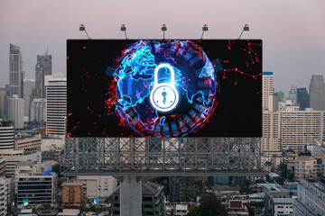 Padlock icon hologram on road billboard over panorama city view of Bangkok at sunset to protect business, Southeast Asia. The concept of information security shields.