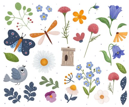 Spring And Summer Set. Bird, Butterfly, Dragonfly, Birdhouse And Different Flowers. Chamomile, Bluebell, Pansy, Forget-me-not.