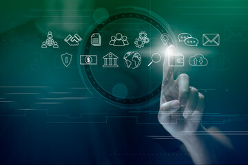 Businessman touches virtual screen technology to do online transactions via internet Connect data to the world. concept of global data connection by internet technology, big data system.