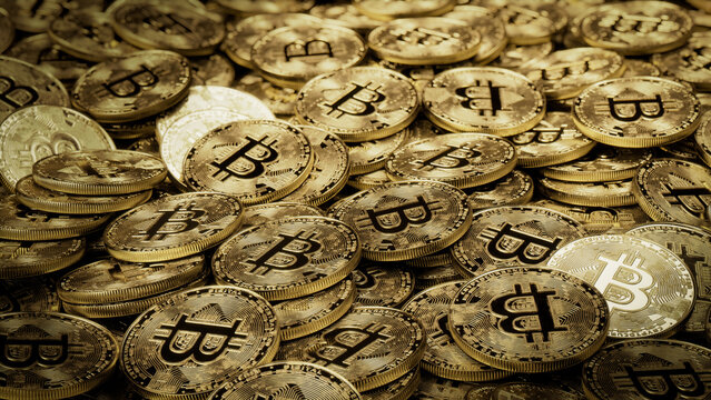 Bitcoin Cryptocurrency represented as Gold Coins. Blockchain Finance Wallpaper. 3D Render.